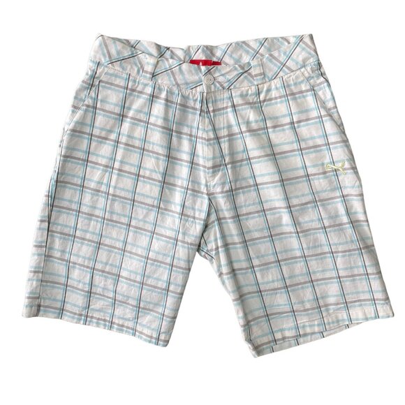 Puma Golf Shorts Mens 30 Bermuda Stretch White Teal Gray Plaid - Picture 1 of 7